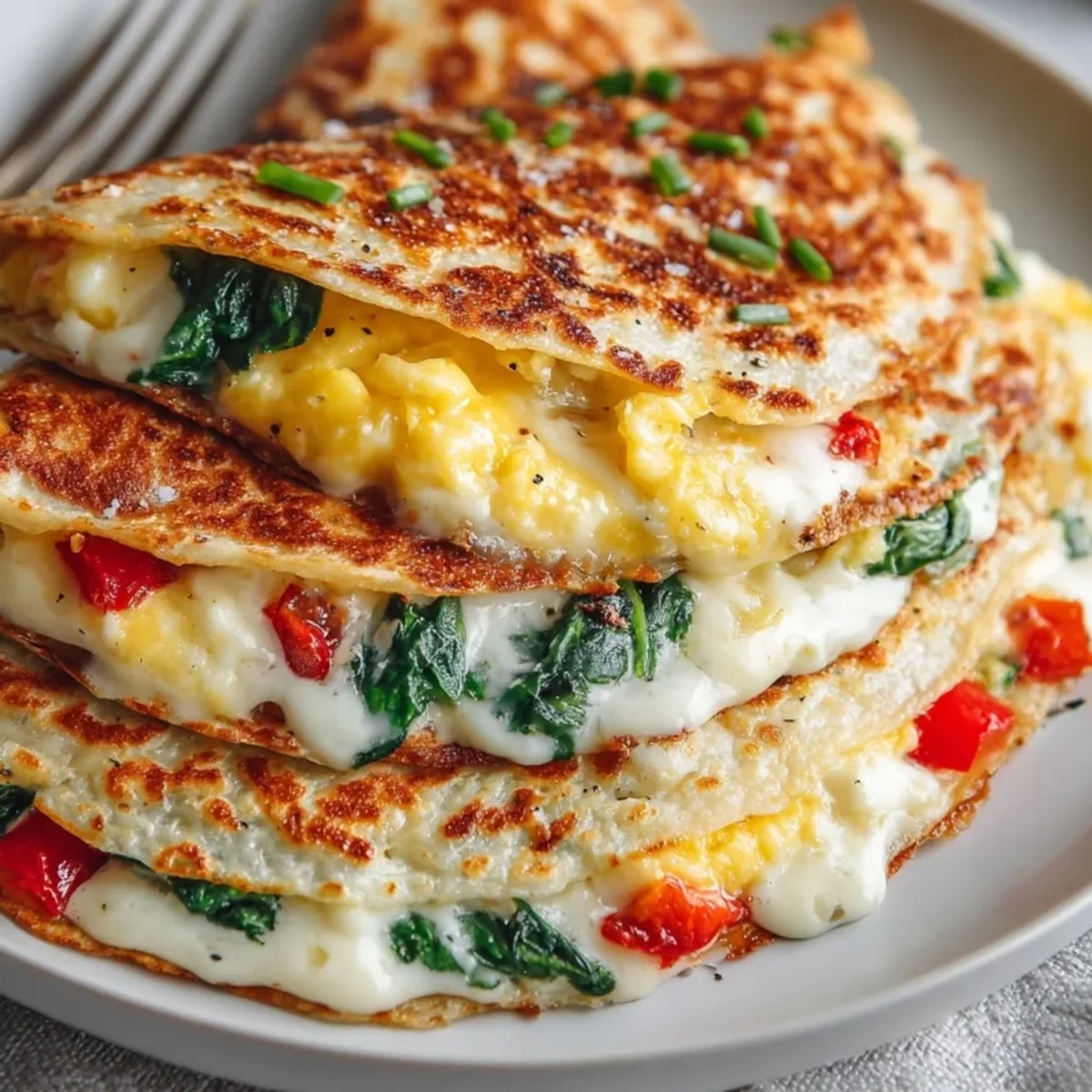 Cheesy Spinach Breakfast Quesadillas loaded with golden, crisp tortilla and melty cheese, served hot.