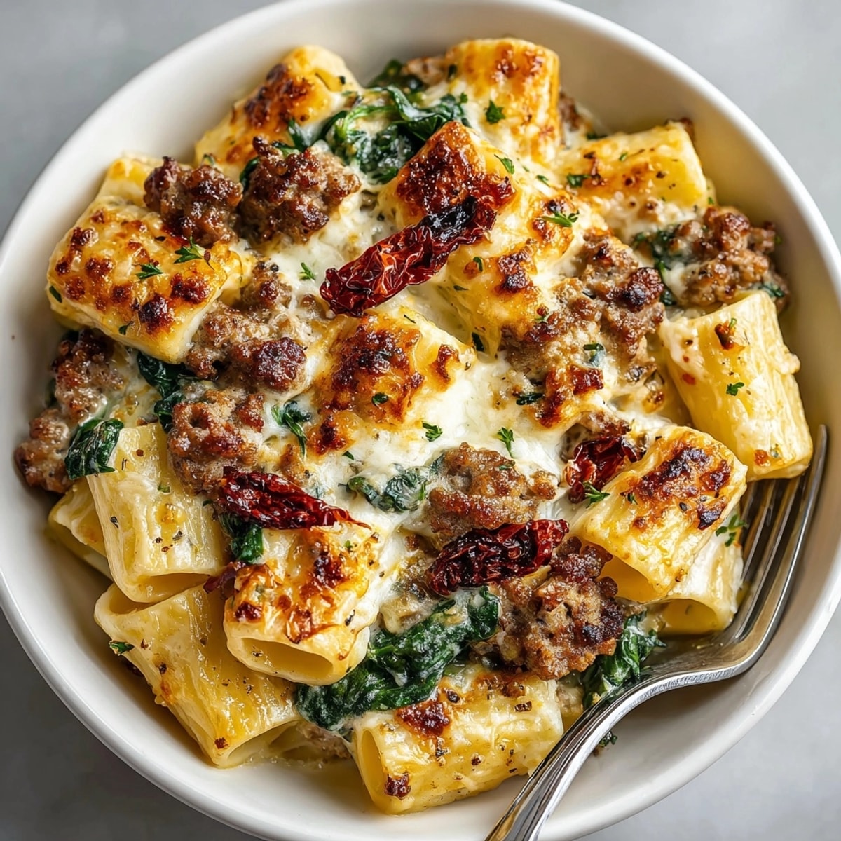 Hearty Creamy Tuscan Sausage Pasta Bake topped with herbs in a rustic casserole dish
