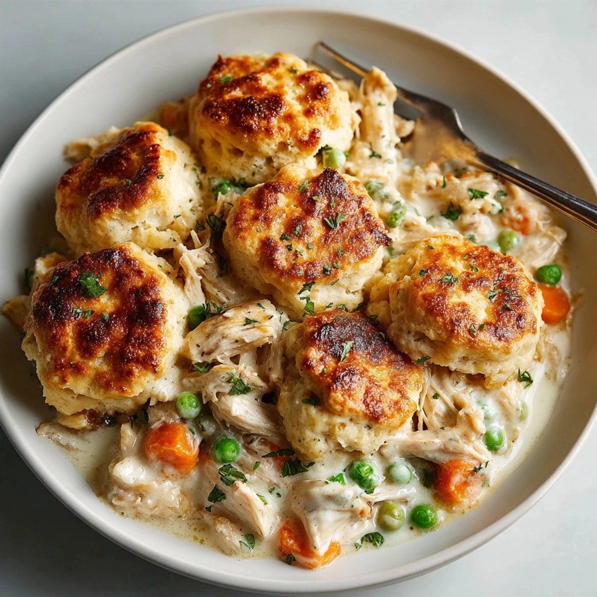 Hearty homestyle chicken &amp; biscuit casserole served fresh with rich, creamy sauce and tender veggies.
