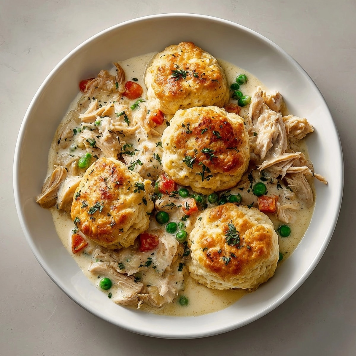 Close-up of fluffy biscuits atop savory homestyle chicken &amp; biscuit casserole, perfect for family dinners.