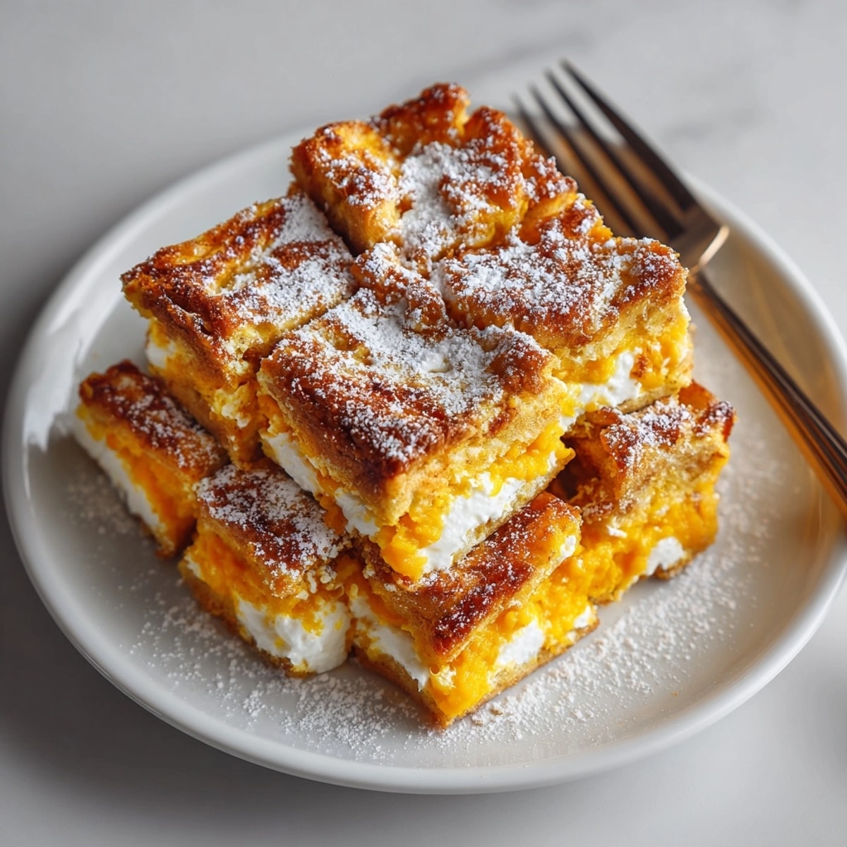 Close-up of Pumpkin Cream Cheese French Toast Bake showing swirls of cream cheese and cinnamon