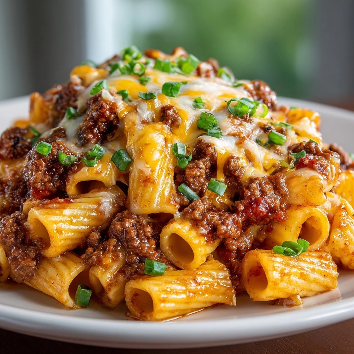 One-Pan Taco Macaroni bubbling in a skillet with melted cheese and fresh cilantro garnish