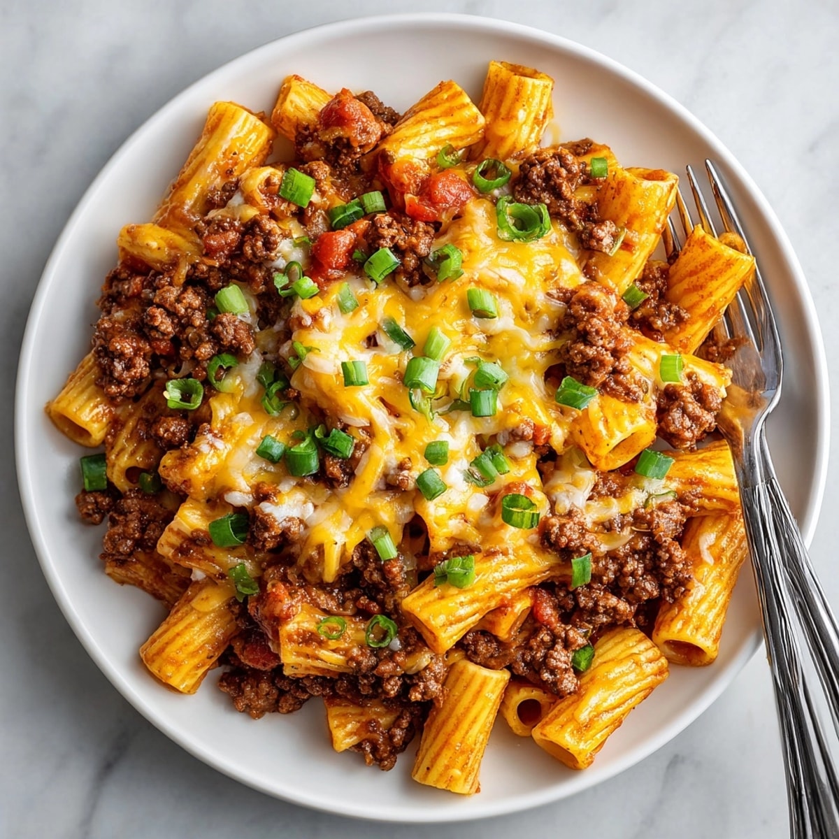 Creamy, cheesy One-Pan Taco Macaroni ready for dinner, topped with diced tomatoes and herbs