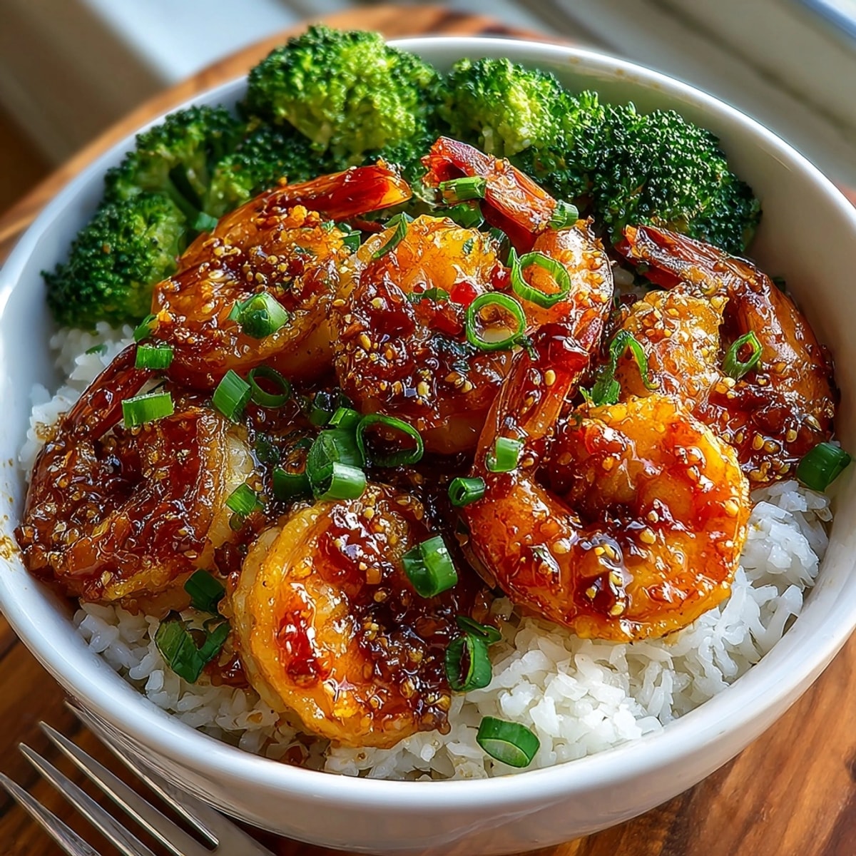 Juicy 20-Minute Honey Garlic Shrimp Bowls over steaming jasmine rice garnished with green onions