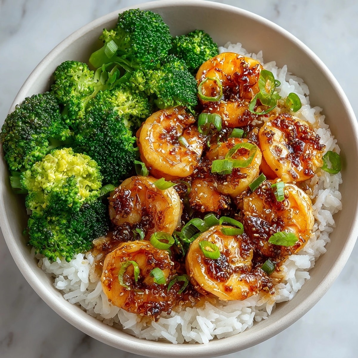 Close-up of 20-Minute Honey Garlic Shrimp Bowls with sticky sauce and fluffy rice served in a bowl