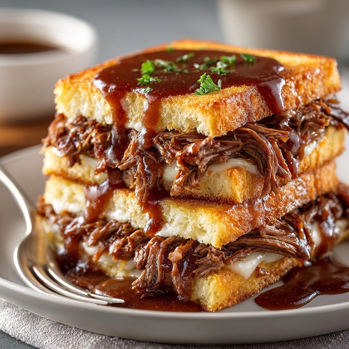 Slow Cooker Beef & Gravy Open-Face Sandwiches piled on toasted bread with steaming rich sauce