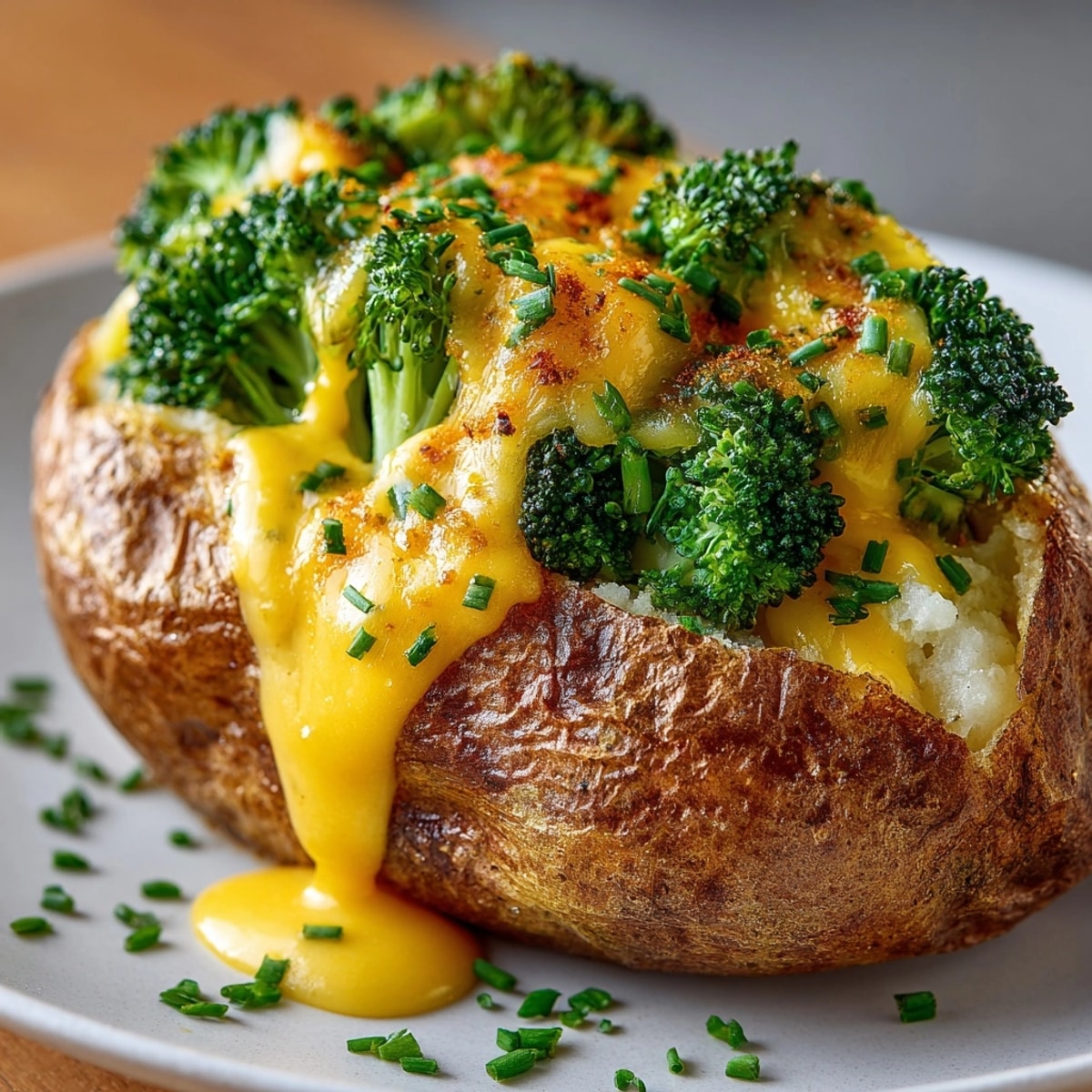 Cheddar Broccoli Stuffed Baked Potatoes topped with melted cheese and fresh herbs on a plate