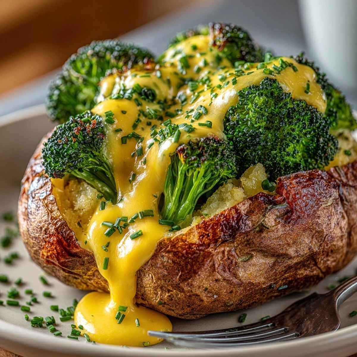 Golden baked potatoes filled with creamy cheddar broccoli filling, ready to serve for dinner