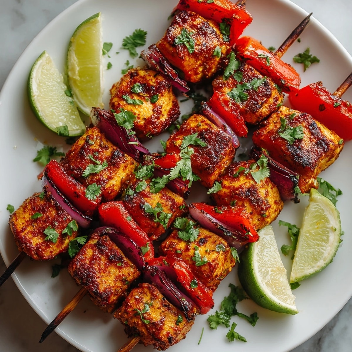 Charred Chipotle Lime Chicken Skewers arranged on a platter, ideal for backyard barbecue gatherings.