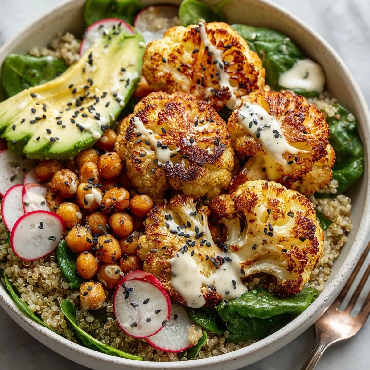 Colorful Roasted Cauliflower & Chickpea Buddha Bowls loaded with fresh veggies and creamy tahini drizzle