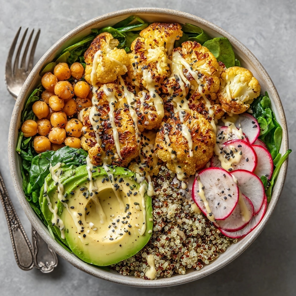 Hearty Roasted Cauliflower &amp; Chickpea Buddha Bowls arranged in bowls, ready for a healthy lunch