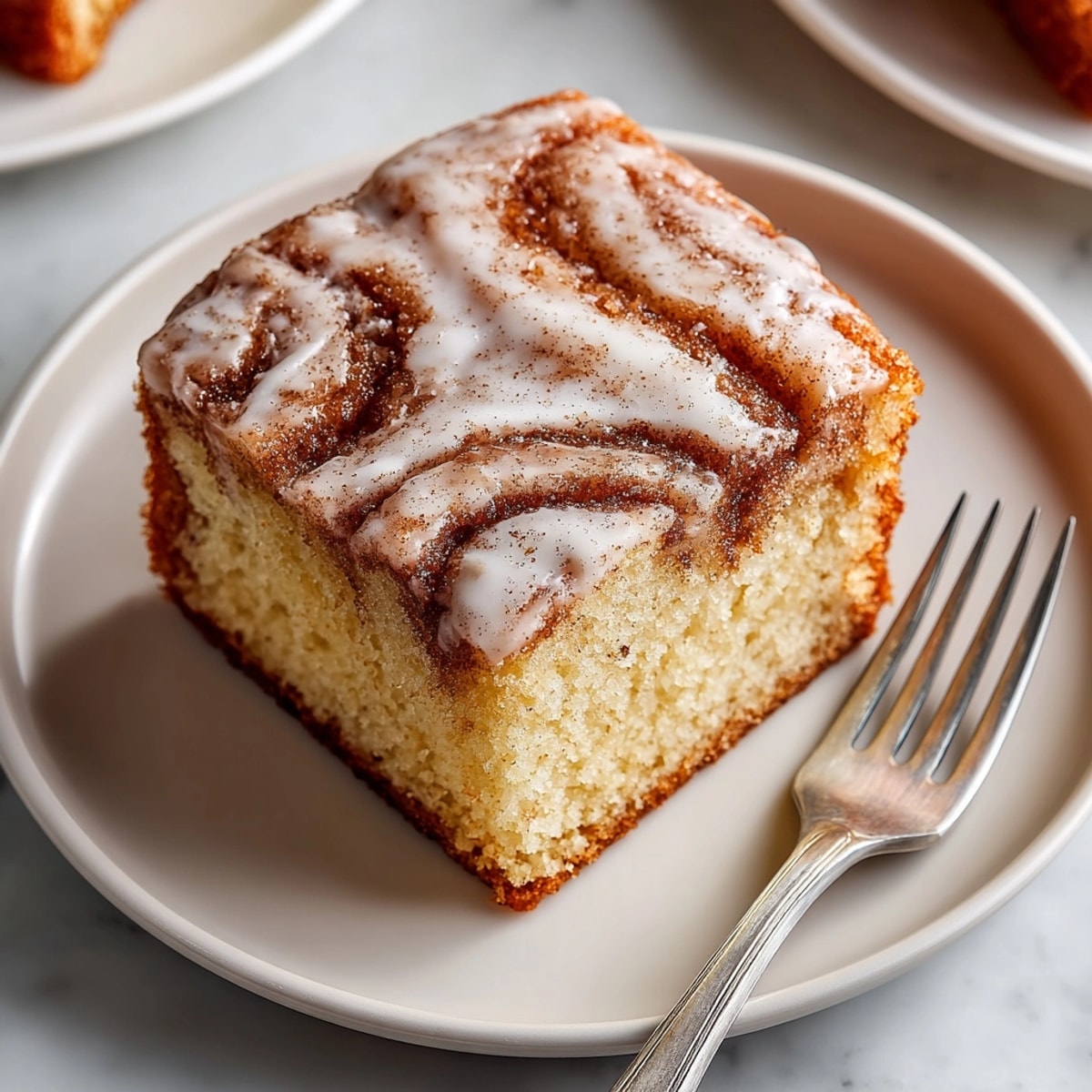 Freshly baked cinnamon swirl banana sheet cake served warm with a dusting of powdered sugar