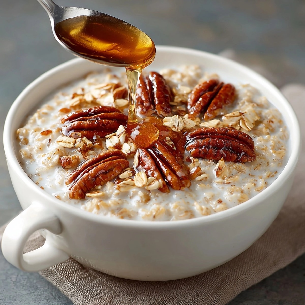 Warm bowl of cozy pumpkin oatmeal with maple drizzle, topped with crunchy pecans