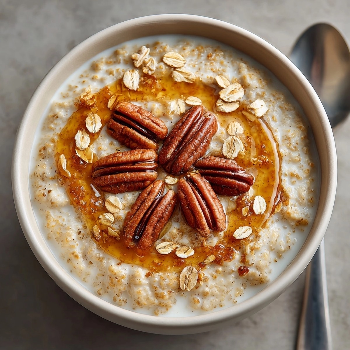 Creamy cozy pumpkin oatmeal with golden maple drizzle glistening, perfect for chilly mornings