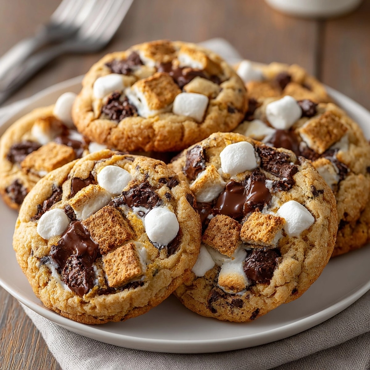 Stacked Pumpkin S&amp;rsquo;mores Cookies image; notes of cinnamon, graham, and pumpkin on a plate.