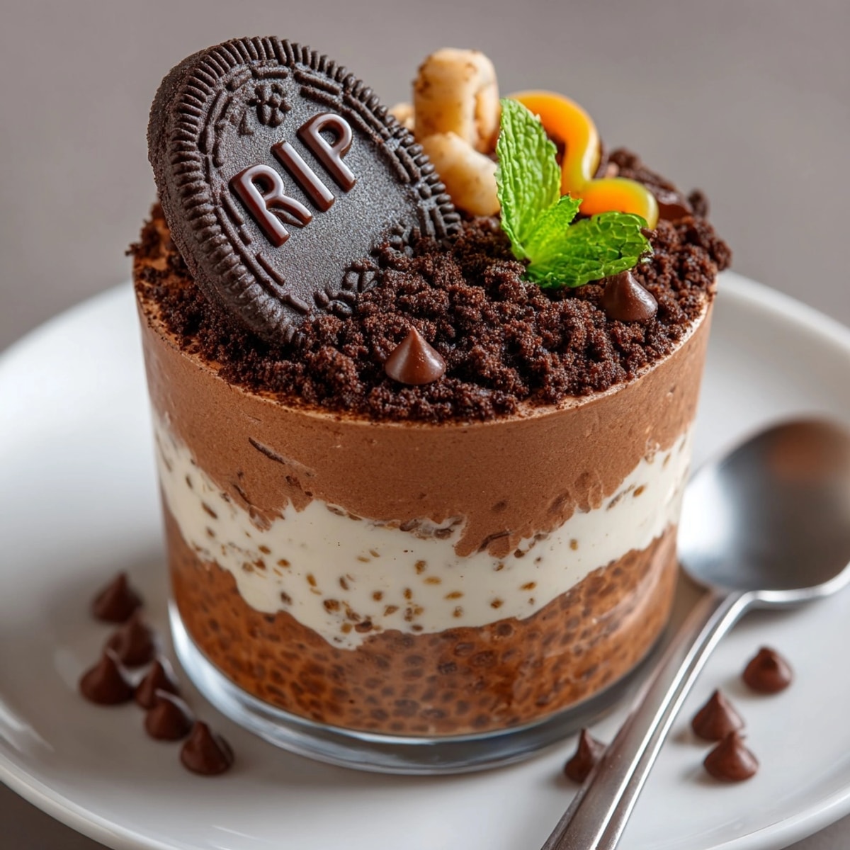 Creamy Overnight Oats “Graveyard” recipe: cool, chocolatey breakfast parfait topped with cookie tombstones.