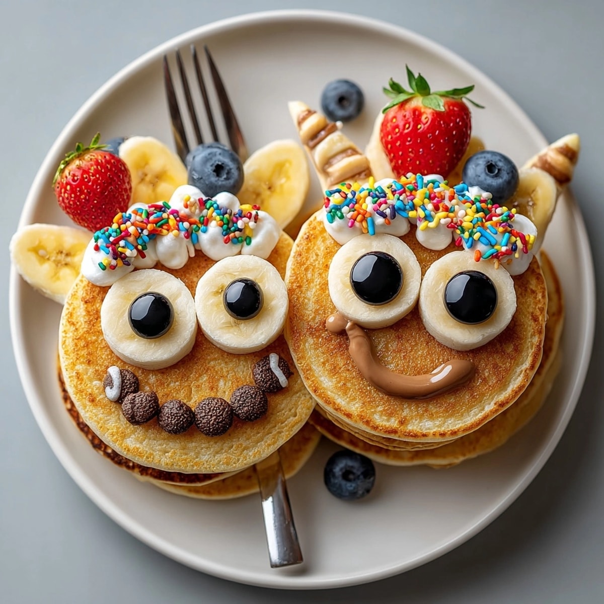 Golden Silly Monster Pancakes, decorated with fruit & chocolate faces, ready to eat.