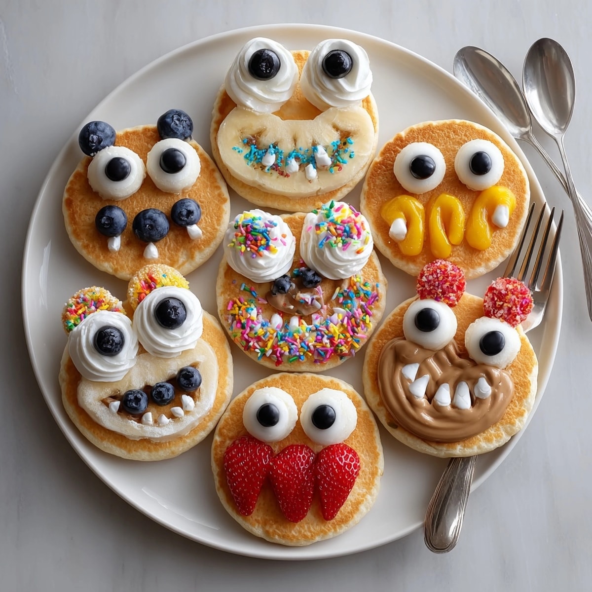 Stack of warm, decorated Silly Monster Pancakes, a delightful, creative weekend brunch.