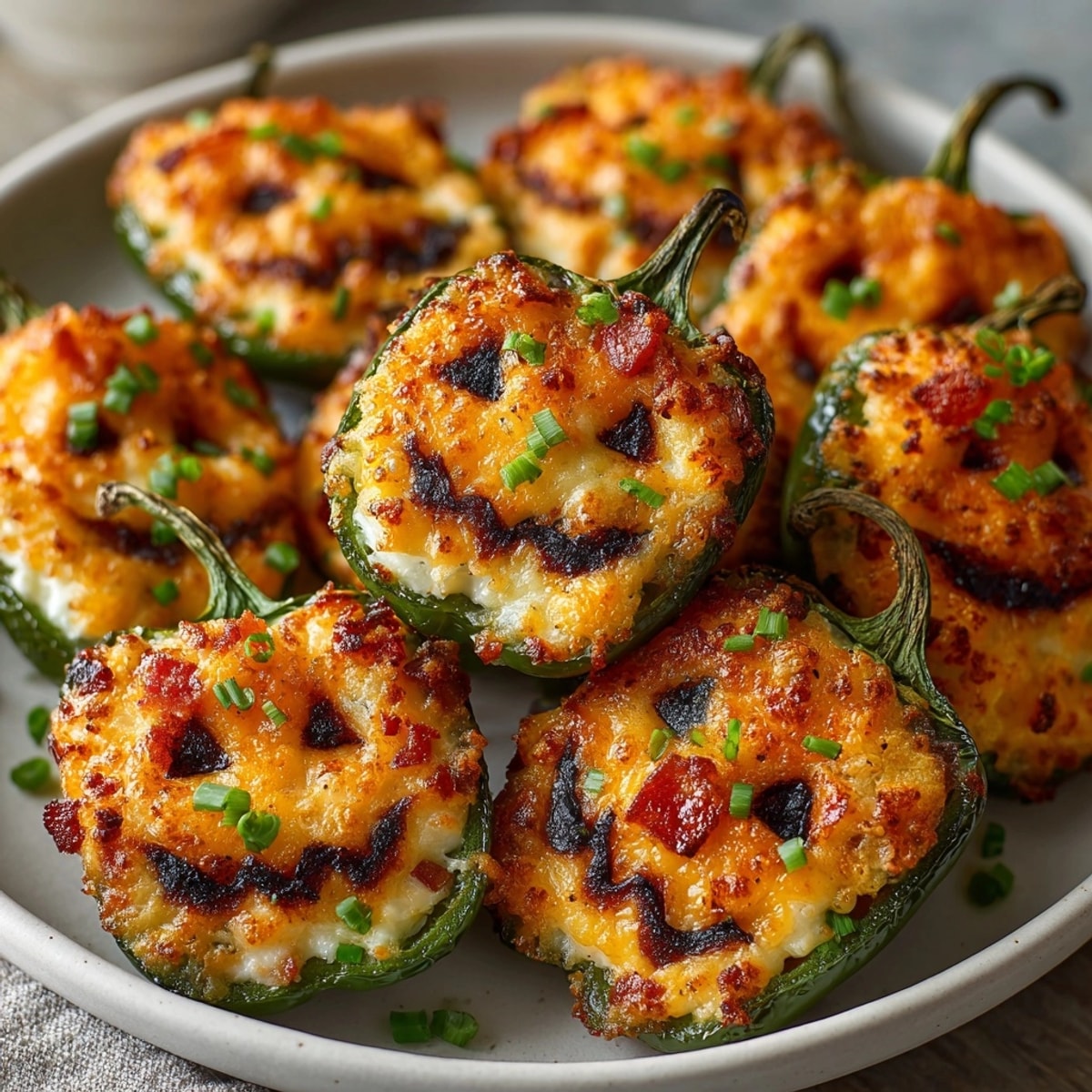 Halloween Stuffed Jalapeños: Golden-baked, creamy cheese oozing from spooky pepper faces.
