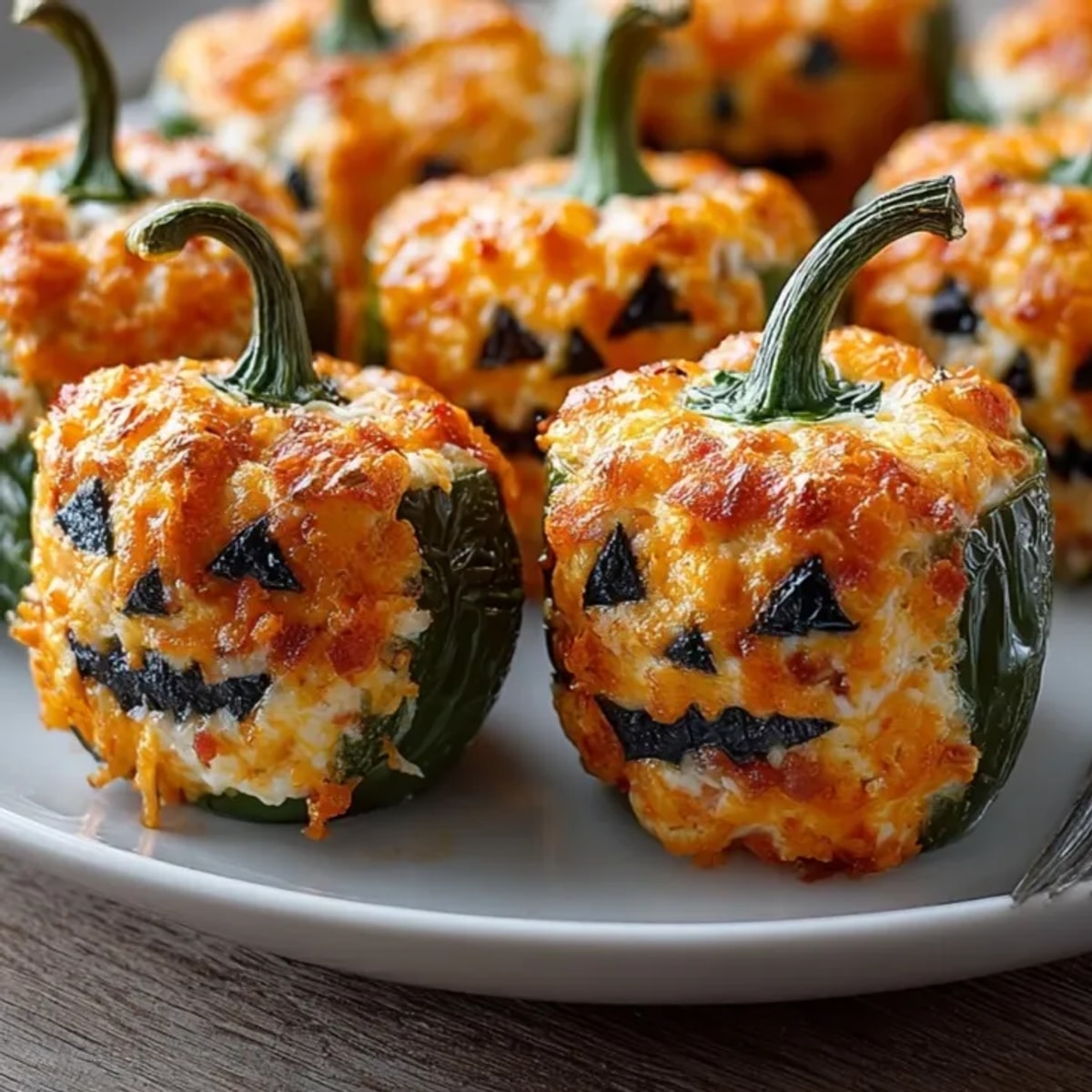 Warm, bubbling Halloween Stuffed Jalape&ntilde;os; savory bacon and cheddar, ready to serve.