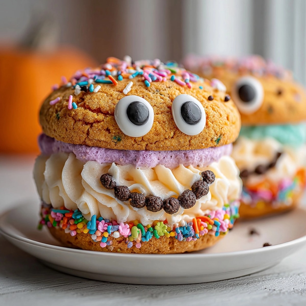 Homemade pumpkin spice whoopie pies with cream cheese filling and monster decorations.