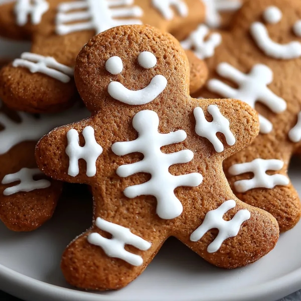 Festive Skeleton Gingerbread Men Cookies, decorated with delicate royal icing bones, ready to eat.