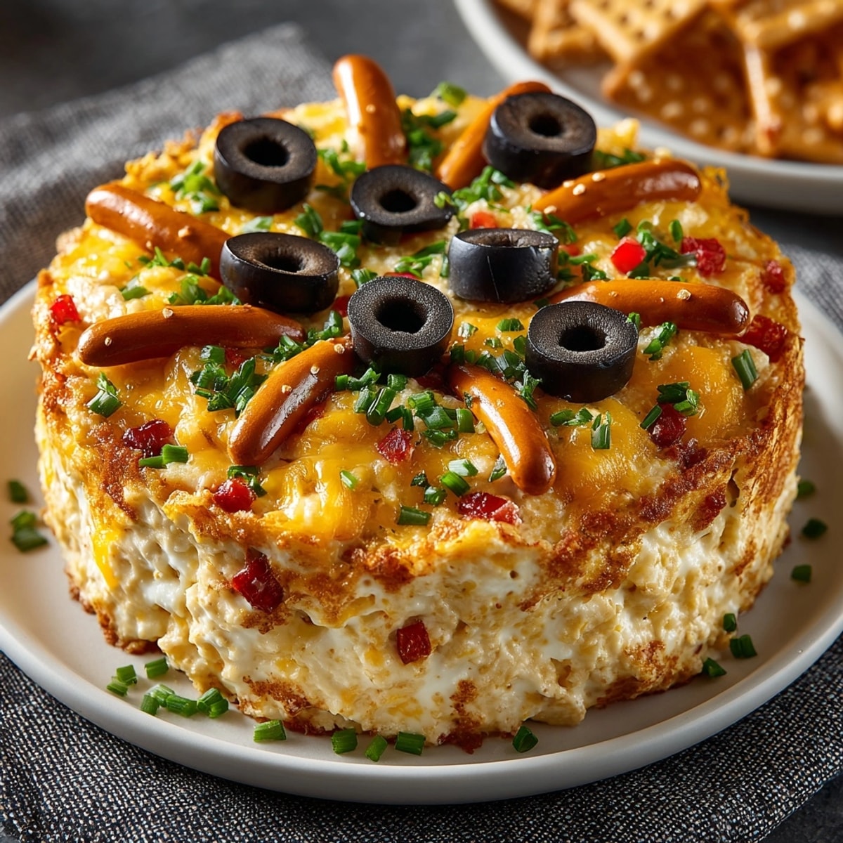 Warm, bubbling Cheesy Spider Dip, garnished with olive eyes; a spooky Halloween appetizer.