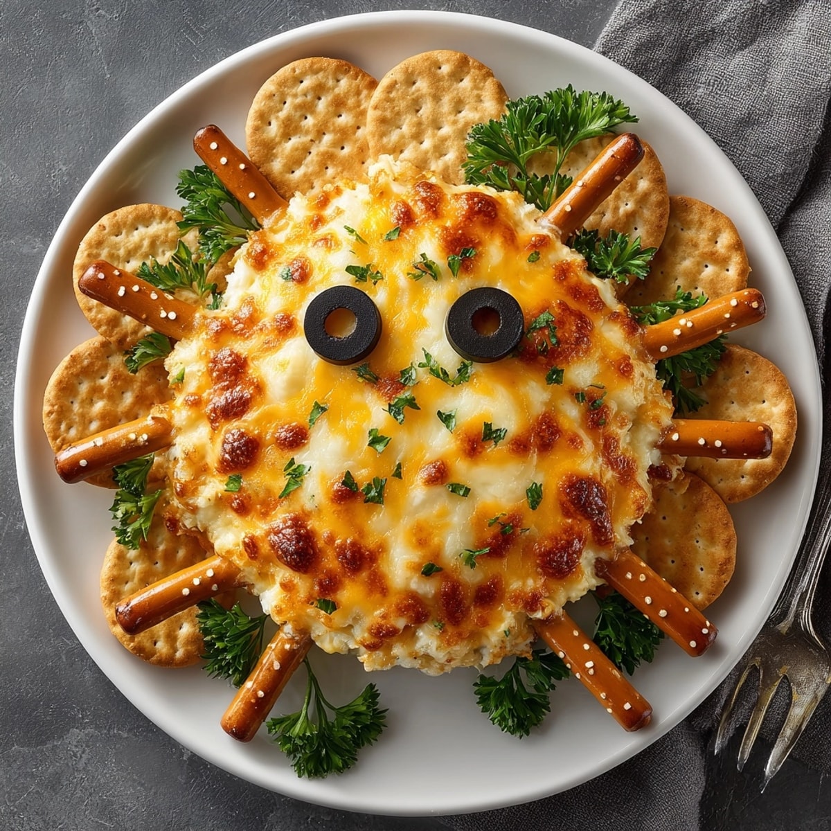 Creamy Cheesy Spider Dip with crunchy pretzel legs, ready for dipping and Halloween fun.