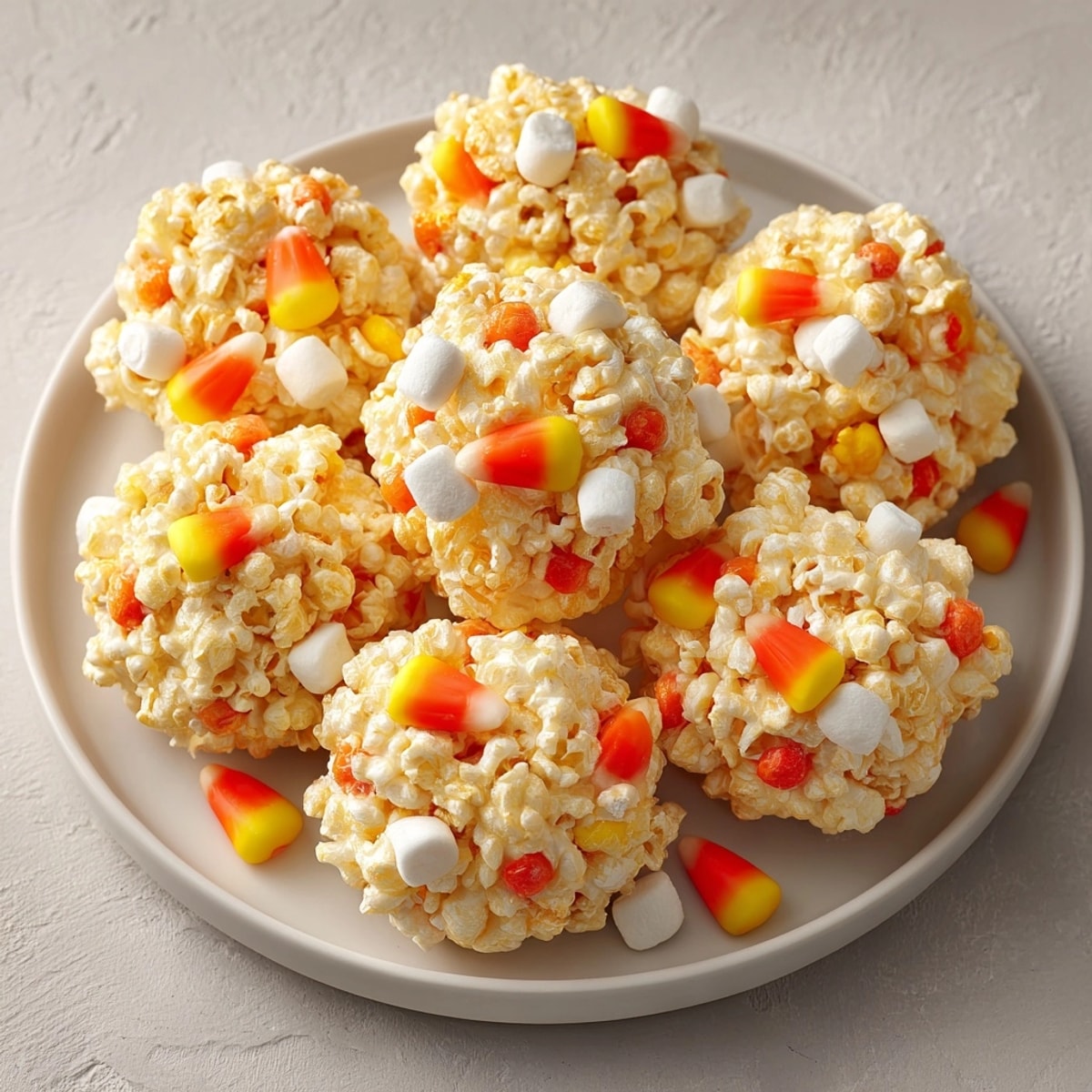 Homemade Candy Corn Popcorn Balls cooling on parchment, showing vibrant colors and fun texture.