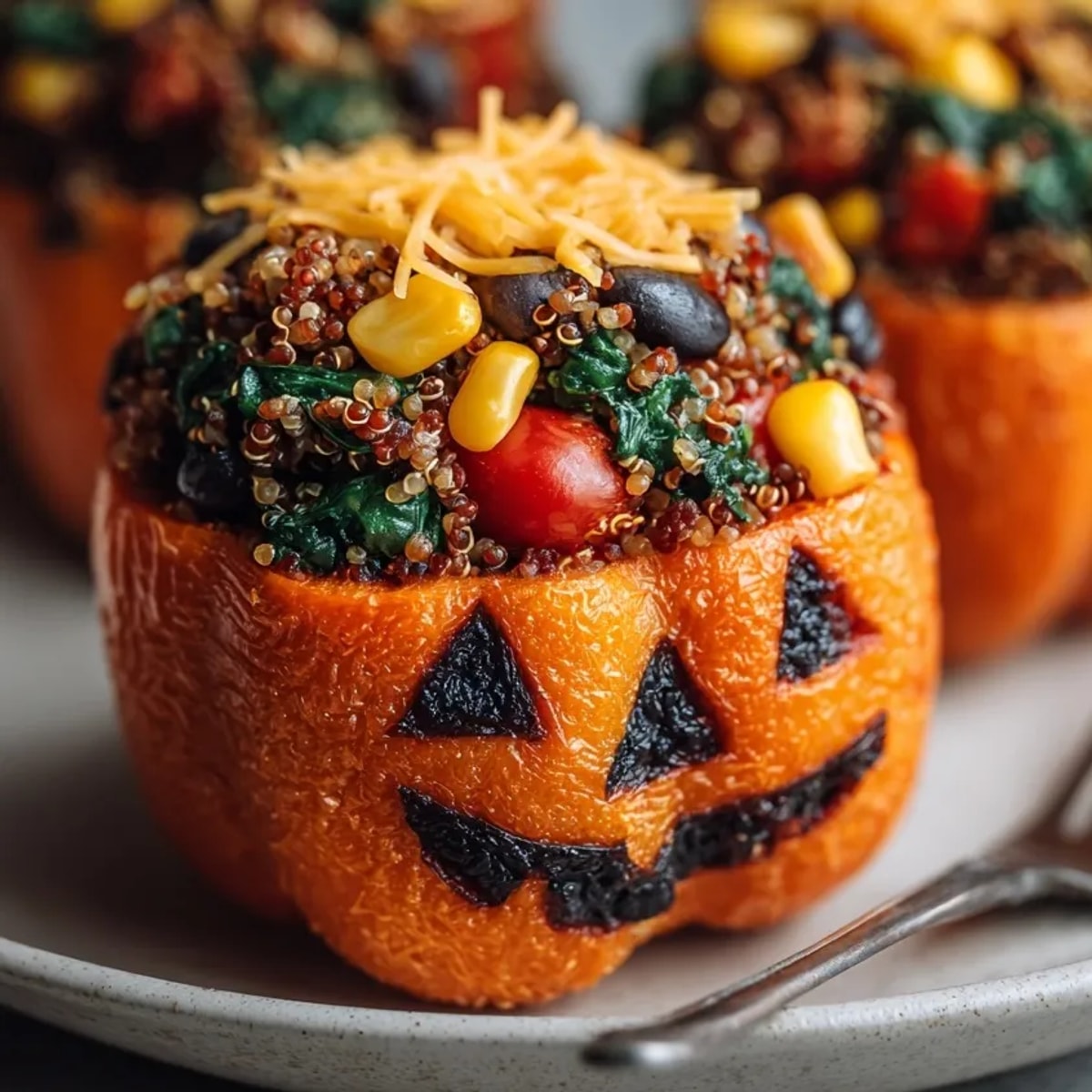 Close-up of savory Vegan Jack-o'-Lantern Stuffed Peppers, steaming hot and ready to serve.