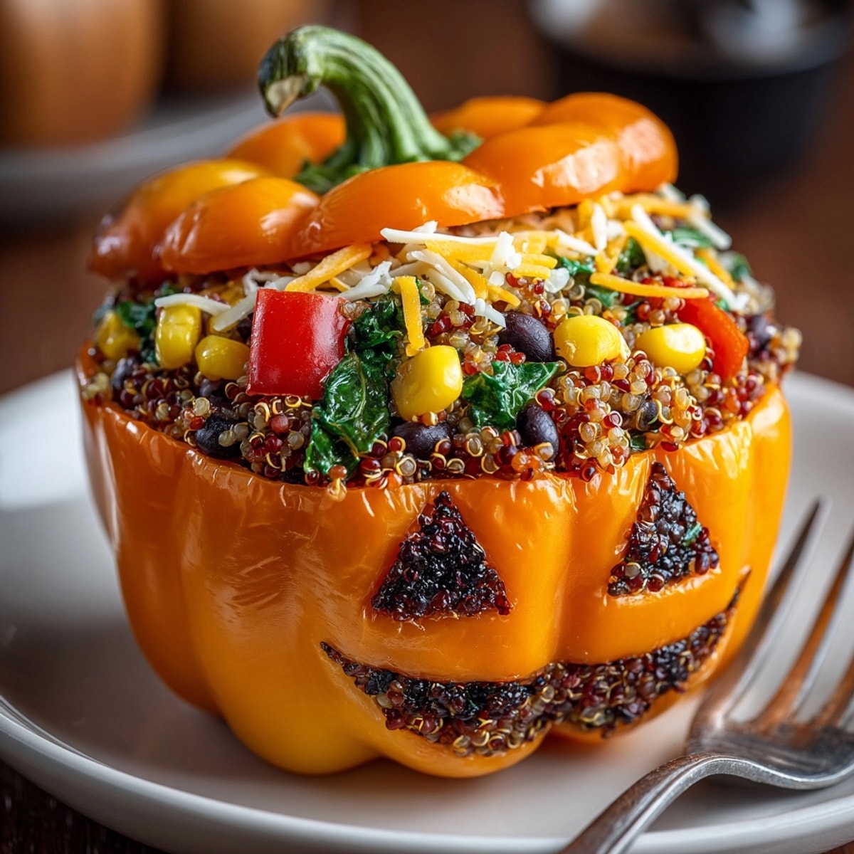 Bright, carved Vegan Jack-o'-Lantern Stuffed Peppers rest on a baking sheet, filled with quinoa.
