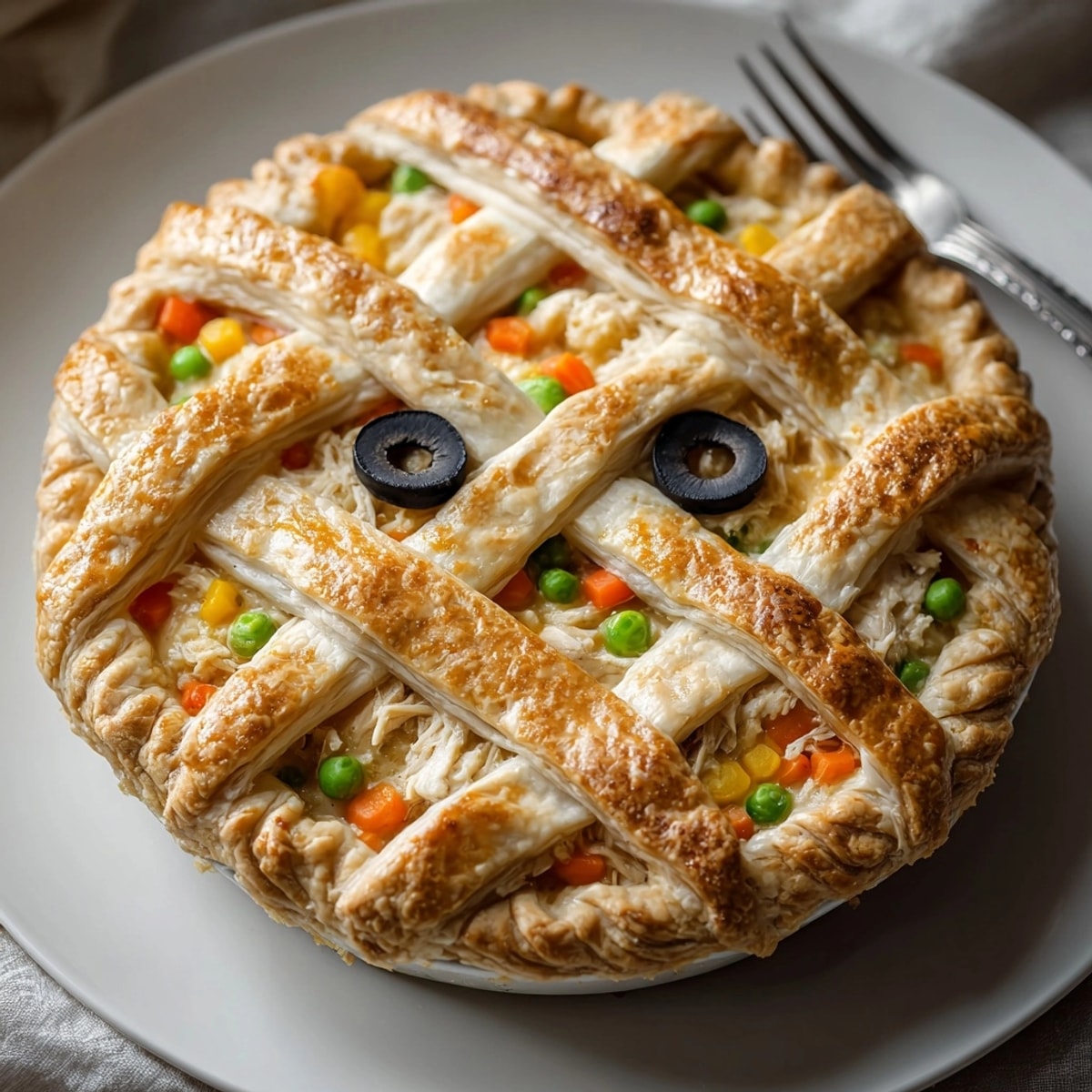 Golden baked Mummy Chicken Pot Pie with flaky pastry bandages and olive eyes.