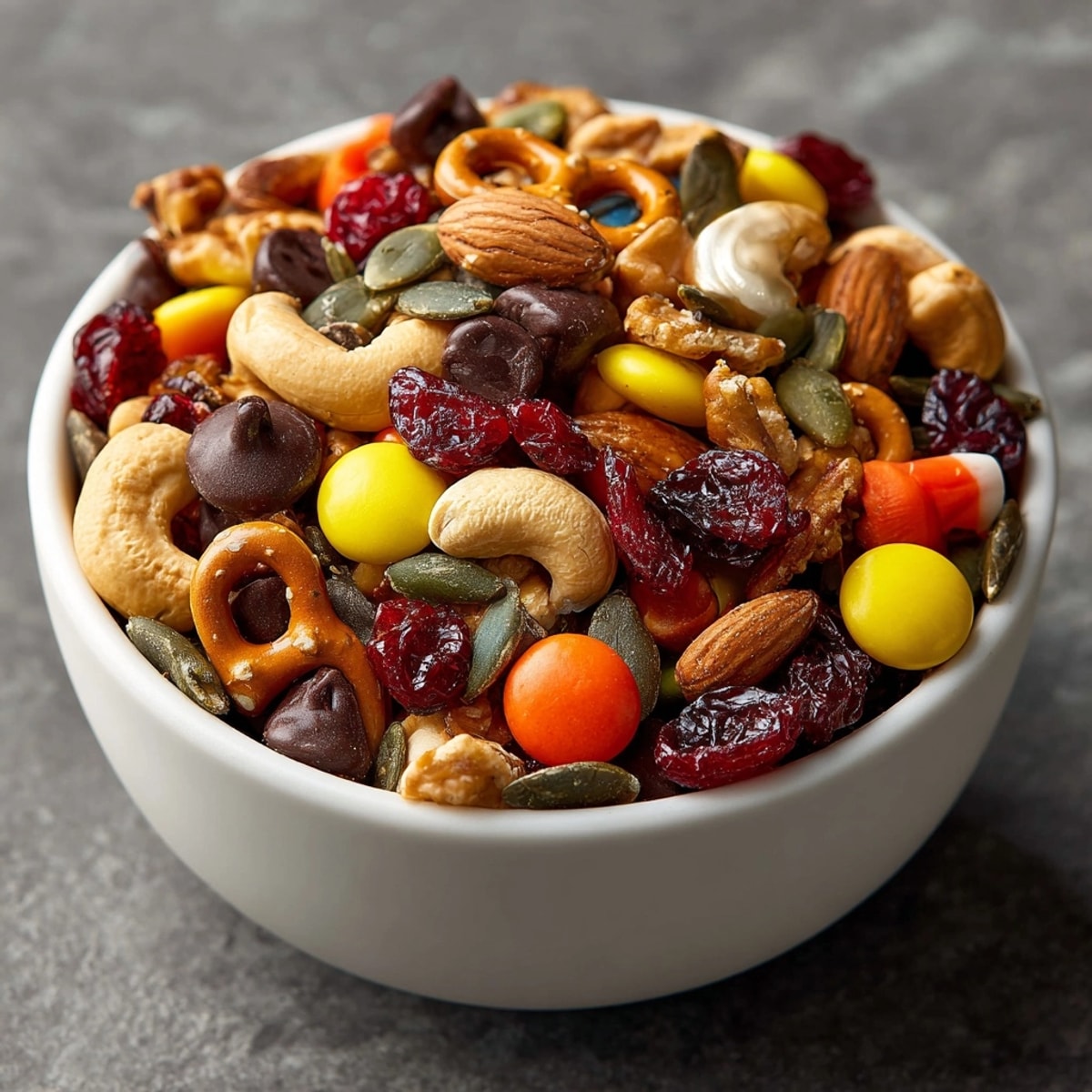 Close-up of colorful Trick-or-Treat Trail Mix: crunchy nuts, sweets, and dried fruit.