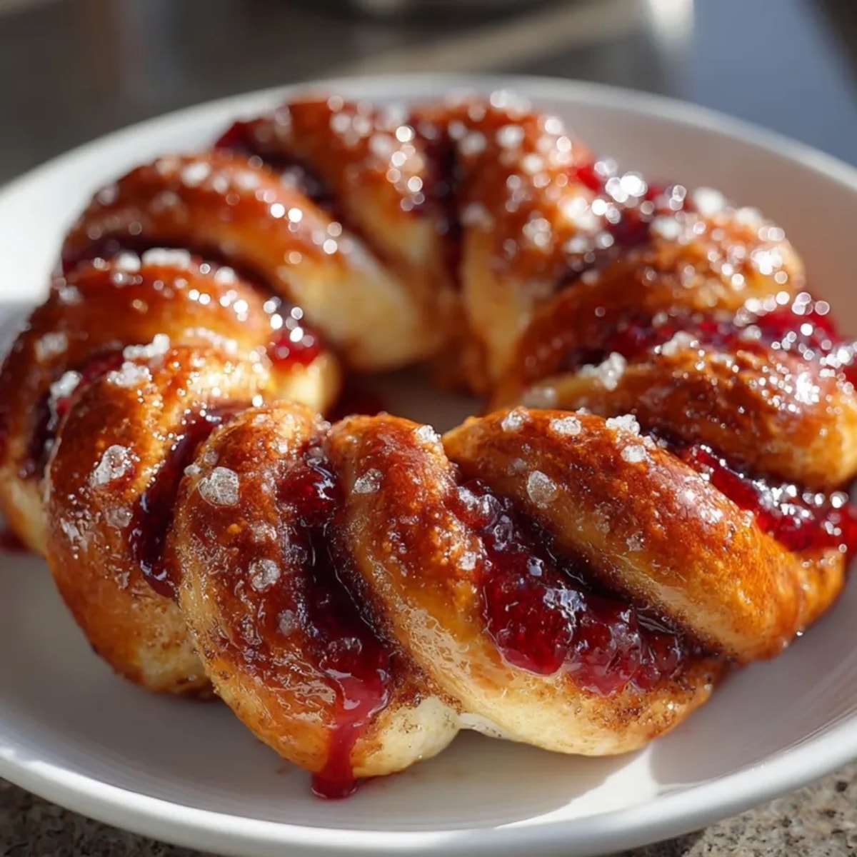 Close-up of spooky Halloween Cinnamon Roll “Intestines” with a vibrant, glistening raspberry glaze.