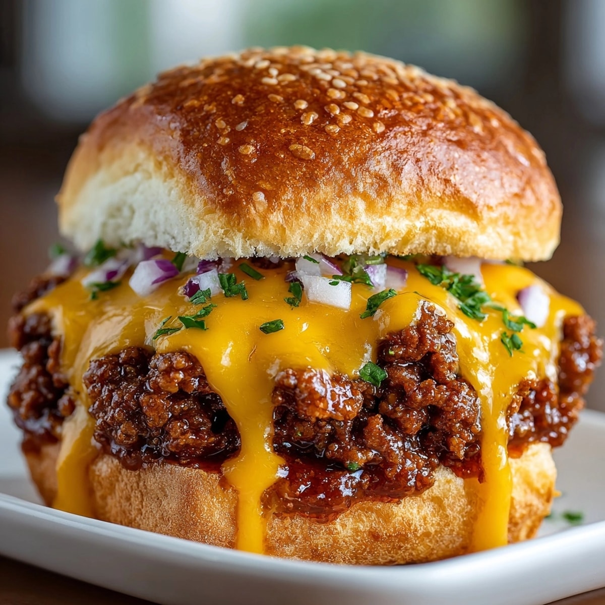 Golden, cheesy 5-Ingredient Sloppy Joe Sliders fresh from the oven, smelling richly savory.