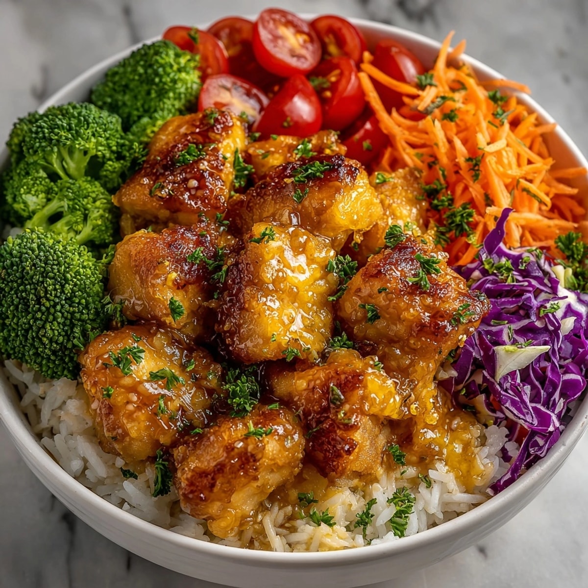 Close-up of a vibrant Honey Mustard Chicken Rice Bowl ready to be enjoyed.