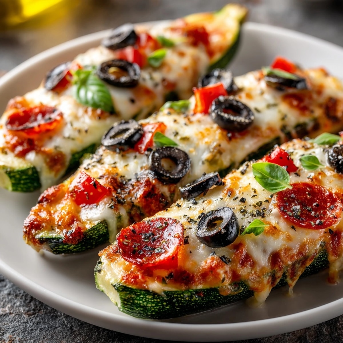 Mouthwatering Zucchini Pizza Boats with melty mozzarella, a healthy and delicious Italian meal.