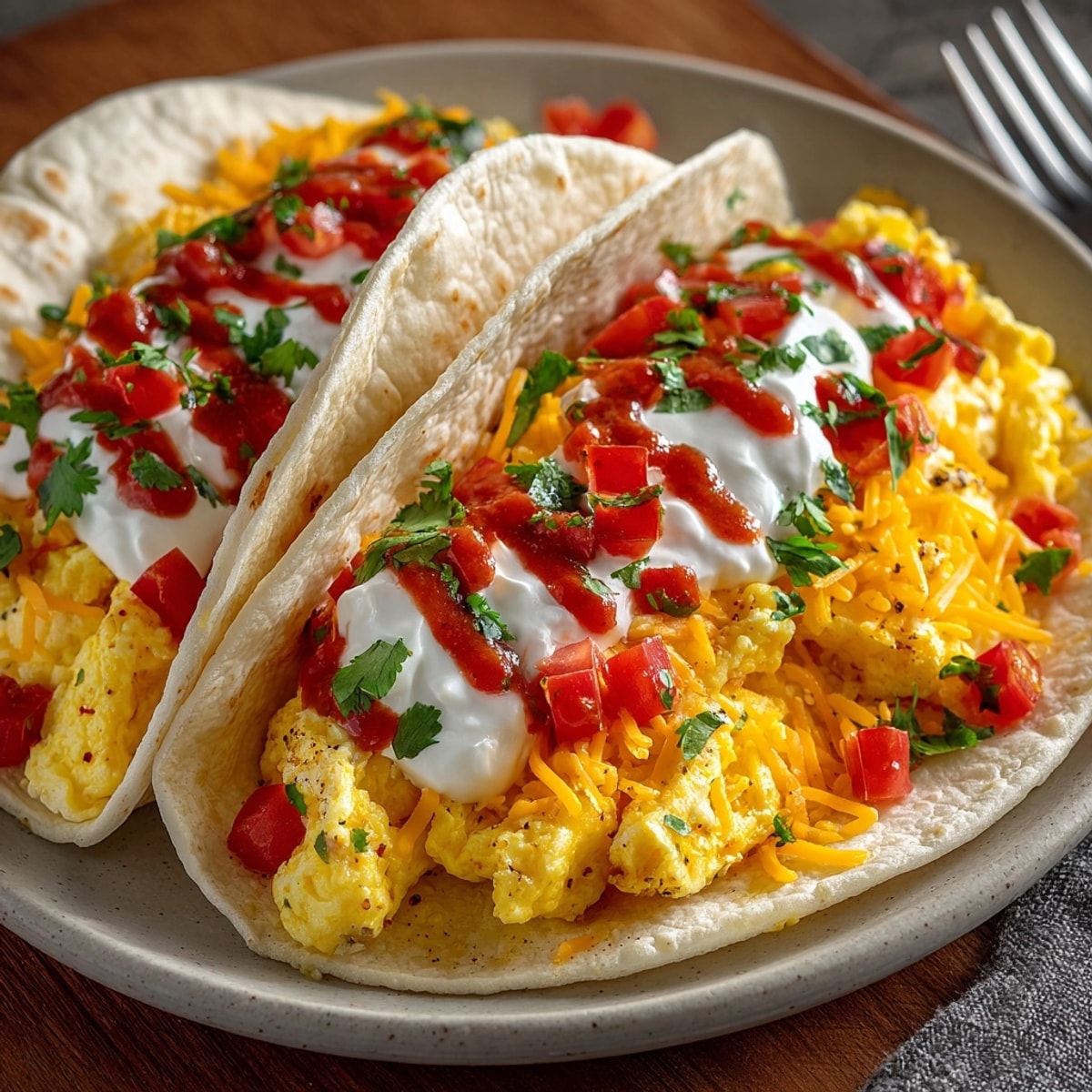 Golden scrambled eggs and melted cheddar fill warm tortillas for 3-minute breakfast tacos.