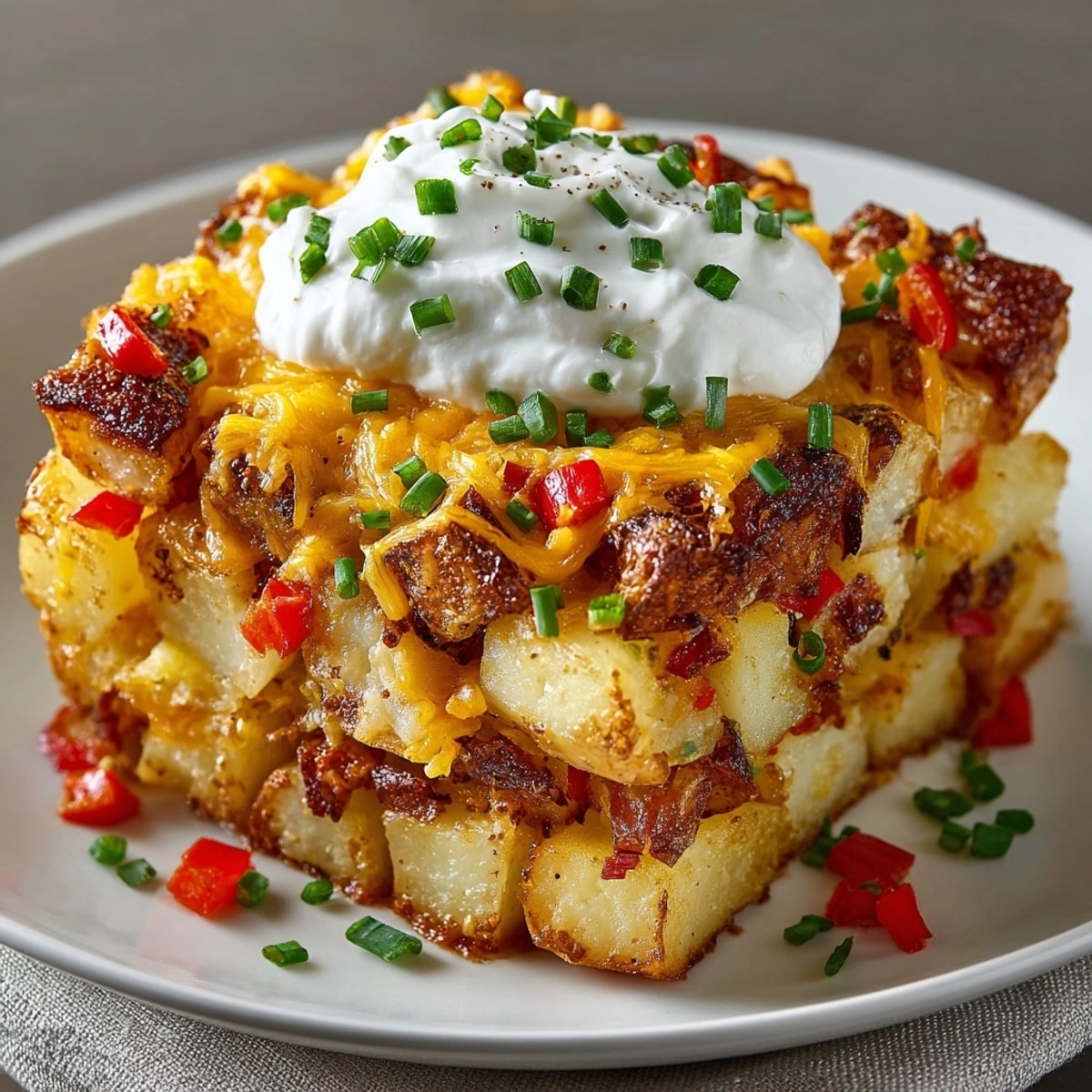 Golden brown Cheesy Potato Skillet, bubbling cheese, savory herbs aroma, ready for serving.