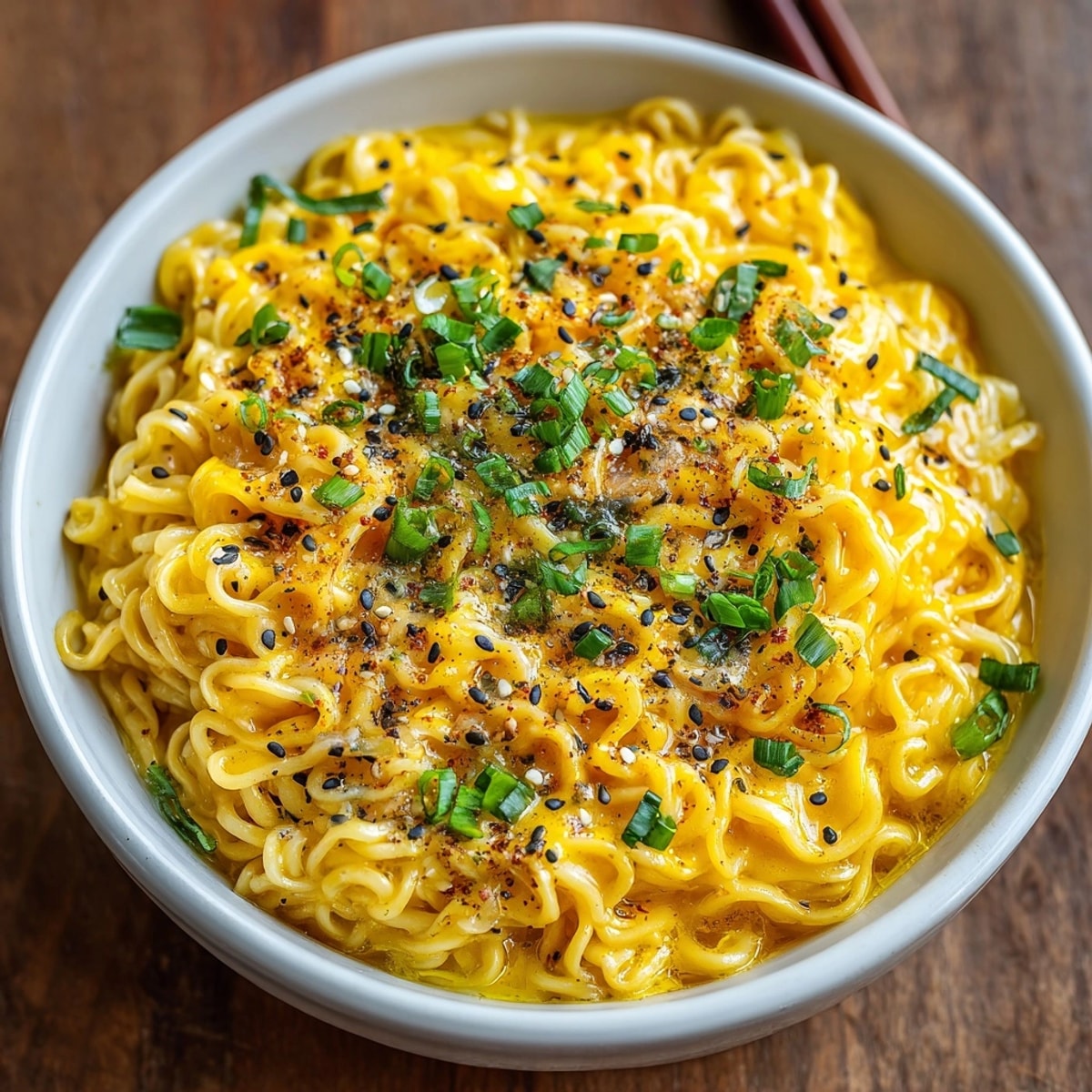 Creamy TikTok Ramen with Egg & Cheese: A warm, comforting bowl topped with scallions.