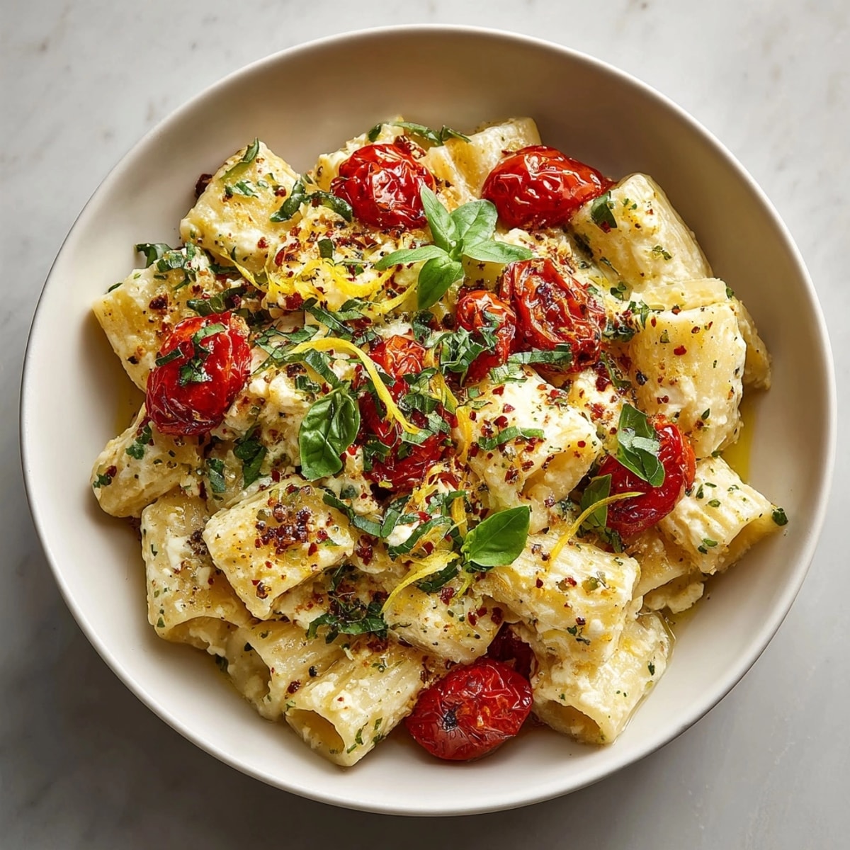 Imagine Lazy Girl&amp;rsquo;s Feta Pasta Bake flavorful roasted tomatoes tangy feta perfectly cooked pasta.