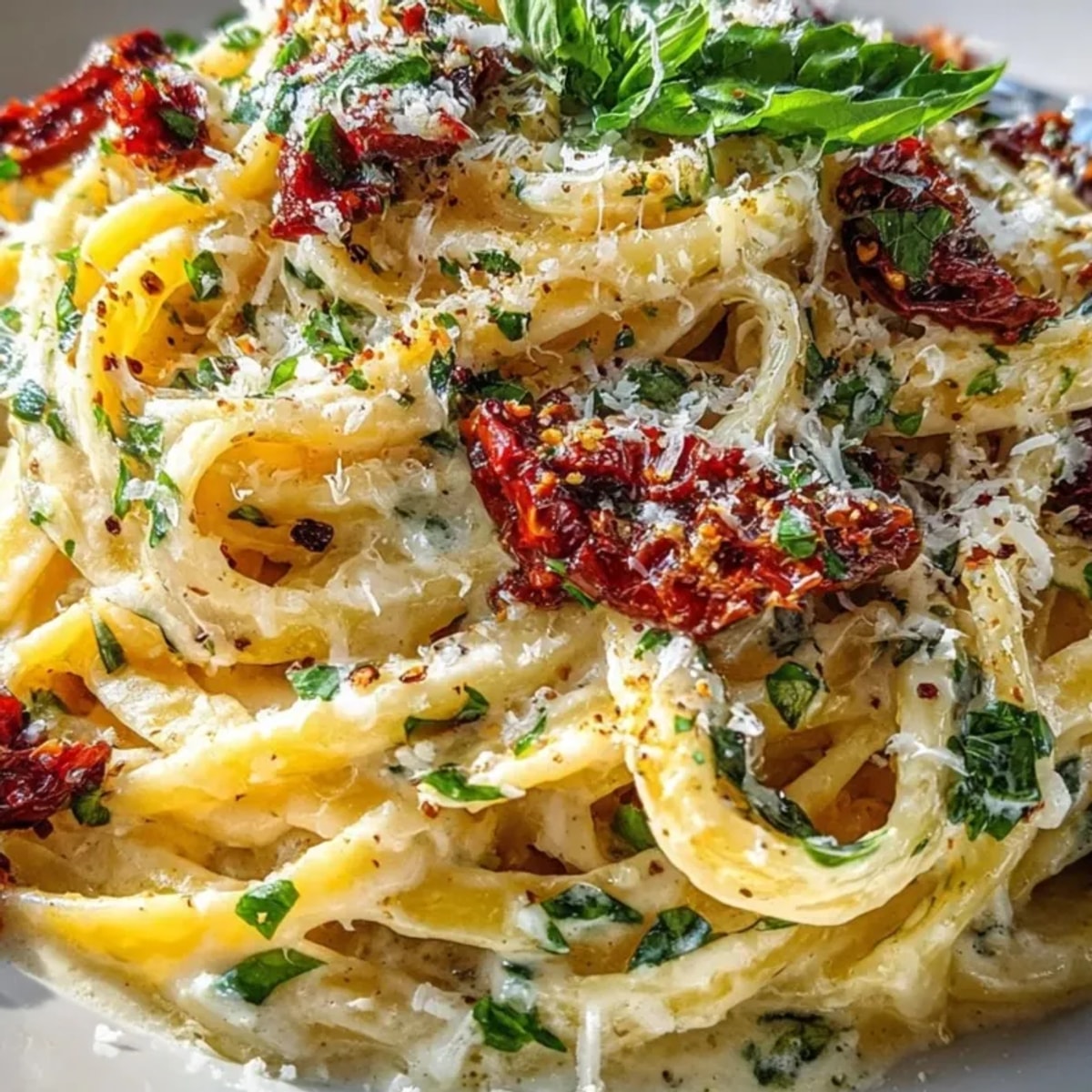 Sun-Dried Tomato Alfredo Pasta: Twirled fettuccine coated in a creamy sauce with vibrant red tomatoes.