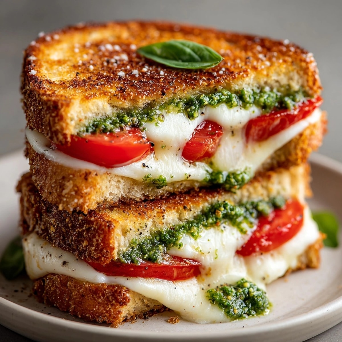 Melty Caprese Grilled Cheese recipe with pesto showing toasted sourdough crust and savory layers.