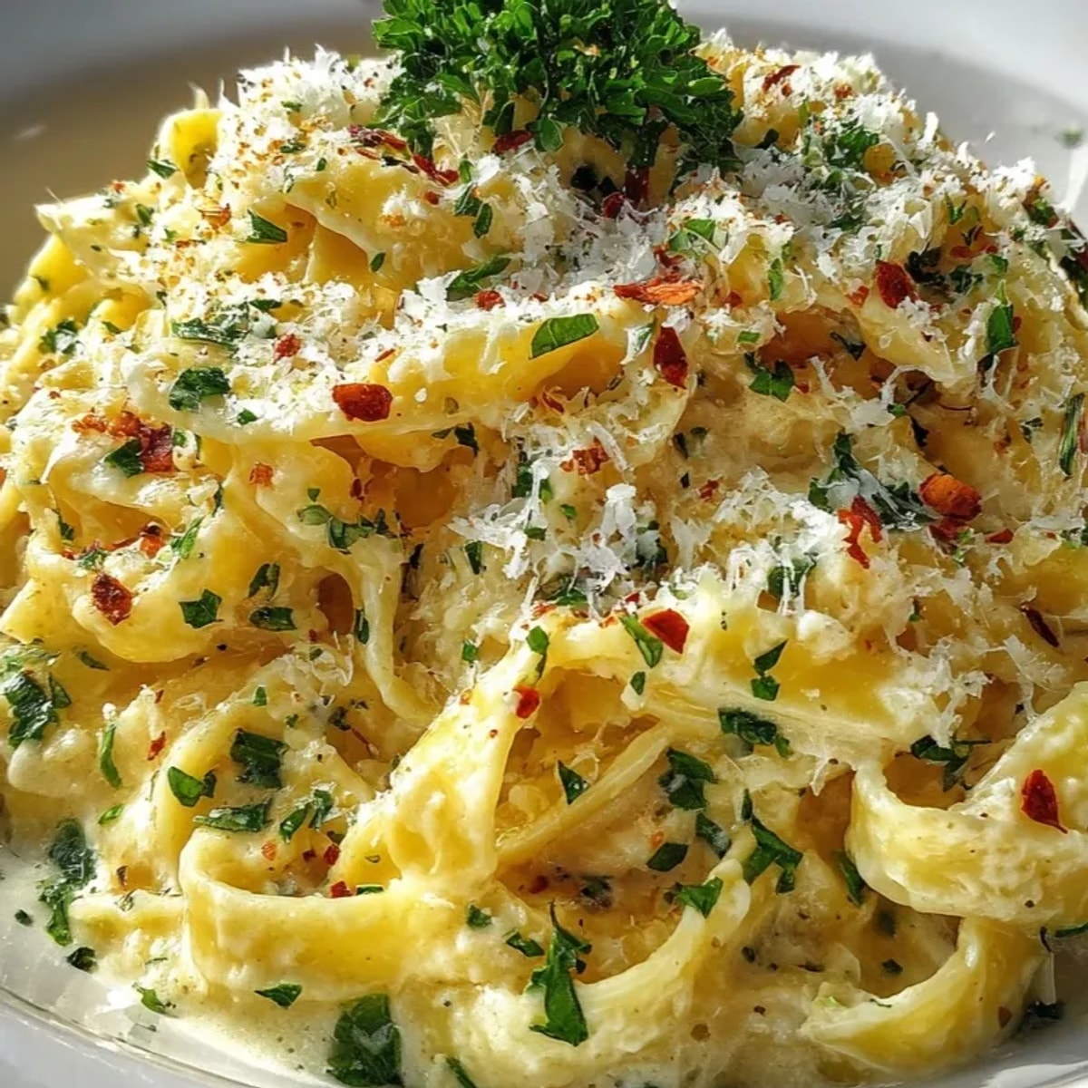 Creamy Alfredo Pasta Express: fettuccine noodles glistening in a rich, cheesy Parmesan sauce, ready to serve.