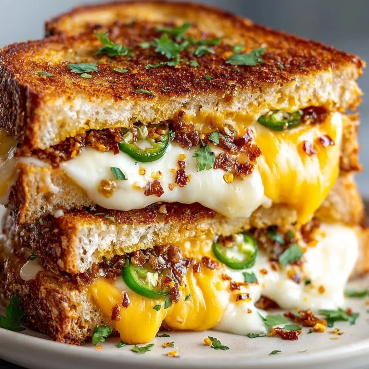 Stacked Spicy Chipotle Grilled Cheese, oozing with melted cheese, shown with golden crispy toasted bread.
