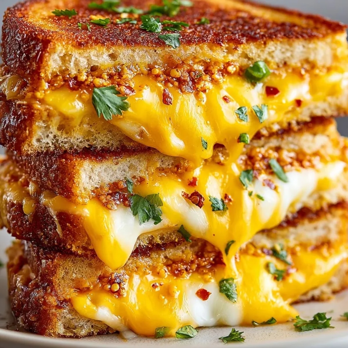 Close-up of a Spicy Chipotle Grilled Cheese sandwich, showing melty cheddar against vibrant cilantro.