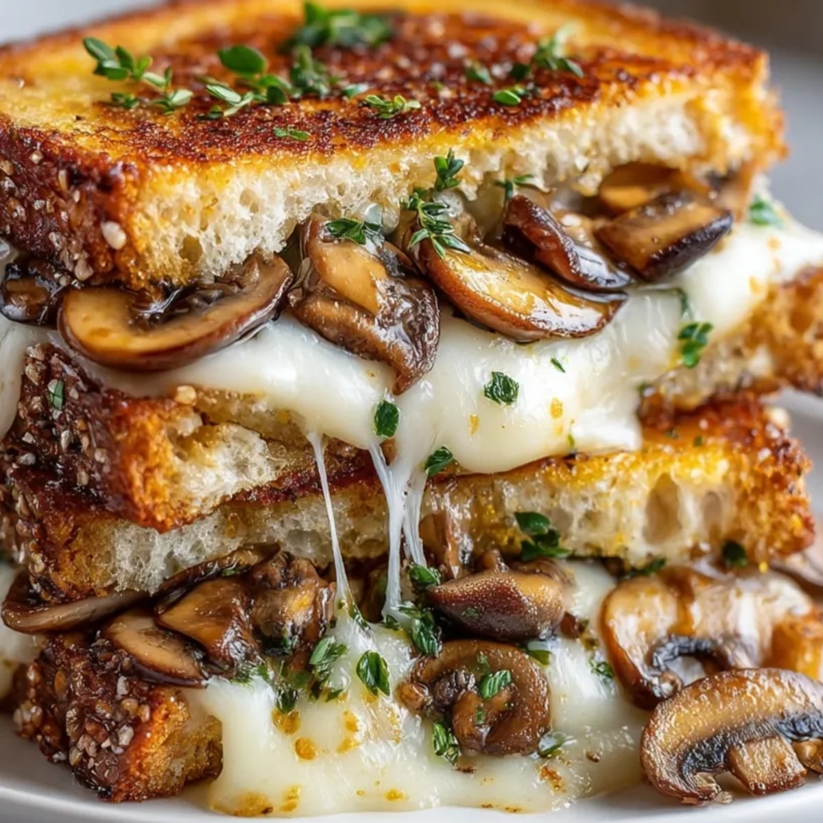 Golden Mushroom Swiss Grilled Cheese sandwich, warm and melty, shown ready to eat!