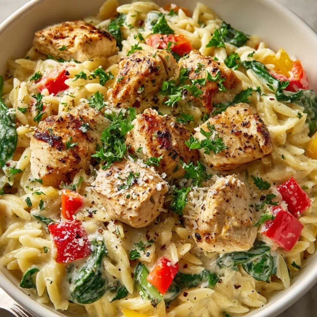 Golden One-Pan Creamy Chicken Orzo bubbling in a skillet, ready for parsley garnish.