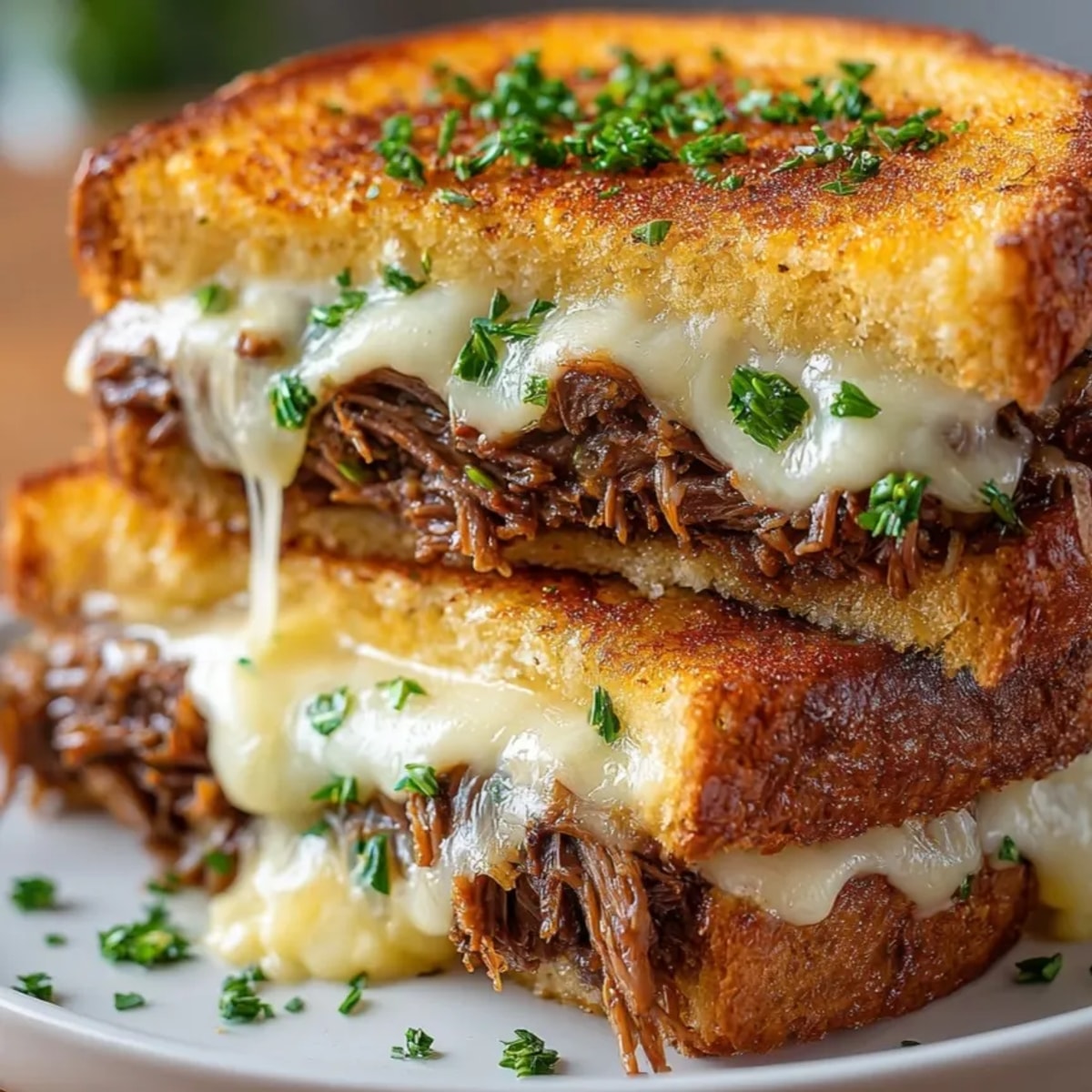 Stacked, juicy short rib grilled cheese, showing the tender beef and cheesy layers inside.