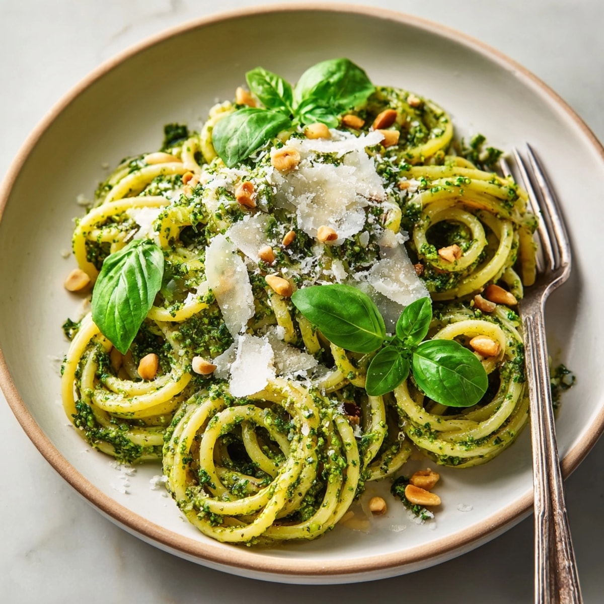Swirled, vibrant Lemon Pesto Pasta, a quick meal with bright citrus and herbal flavors.